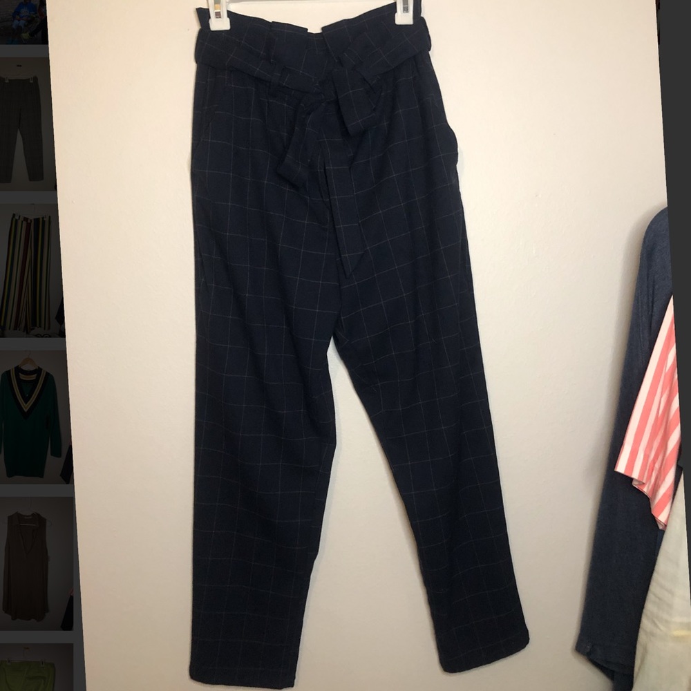 F21 dark blue plaid trousers w/ belt
